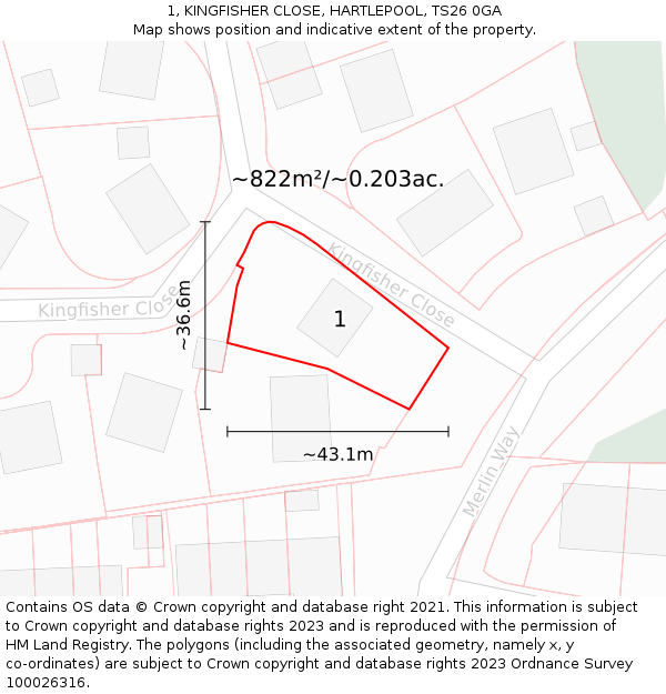 1, KINGFISHER CLOSE, HARTLEPOOL, TS26 0GA: Plot and title map