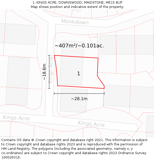 1, KINGS ACRE, DOWNSWOOD, MAIDSTONE, ME15 8UP: Plot and title map