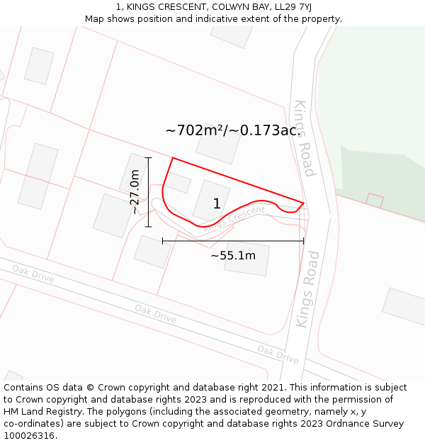 1, KINGS CRESCENT, COLWYN BAY, LL29 7YJ: Plot and title map