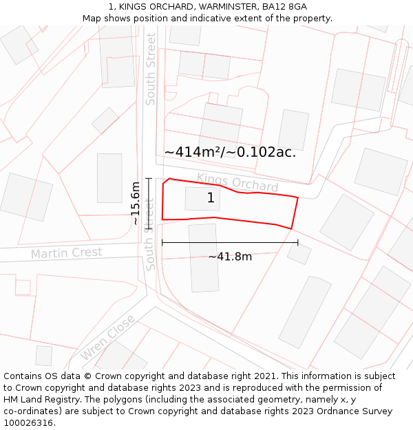 1, KINGS ORCHARD, WARMINSTER, BA12 8GA: Plot and title map