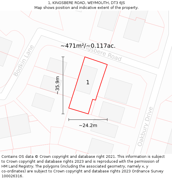 1, KINGSBERE ROAD, WEYMOUTH, DT3 6JS: Plot and title map