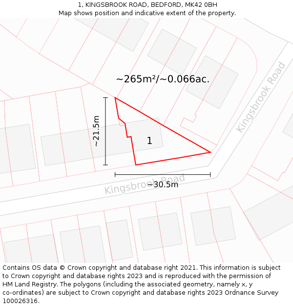 1, KINGSBROOK ROAD, BEDFORD, MK42 0BH: Plot and title map