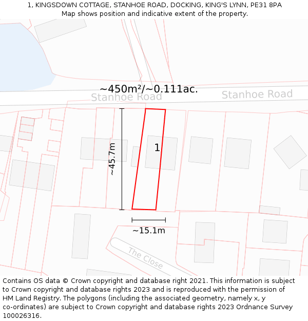 1, KINGSDOWN COTTAGE, STANHOE ROAD, DOCKING, KING'S LYNN, PE31 8PA: Plot and title map