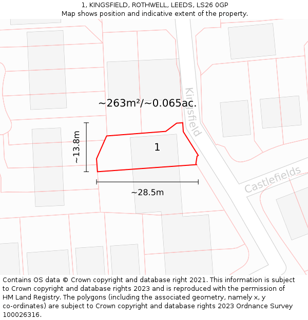 1, KINGSFIELD, ROTHWELL, LEEDS, LS26 0GP: Plot and title map