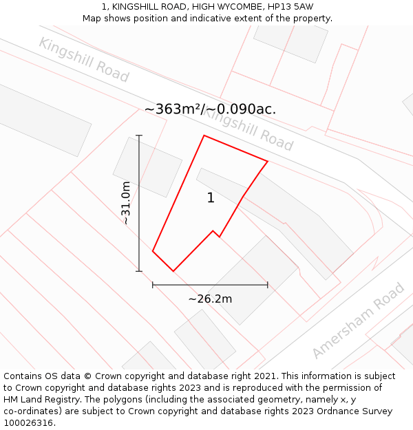 1, KINGSHILL ROAD, HIGH WYCOMBE, HP13 5AW: Plot and title map