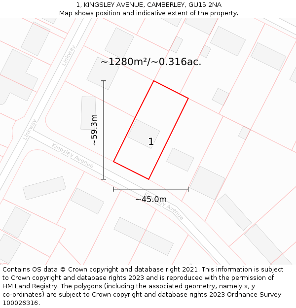 1, KINGSLEY AVENUE, CAMBERLEY, GU15 2NA: Plot and title map