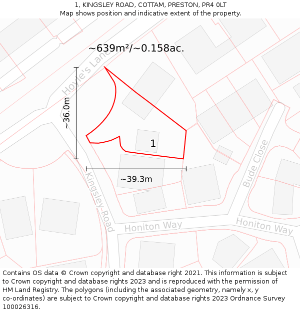1, KINGSLEY ROAD, COTTAM, PRESTON, PR4 0LT: Plot and title map