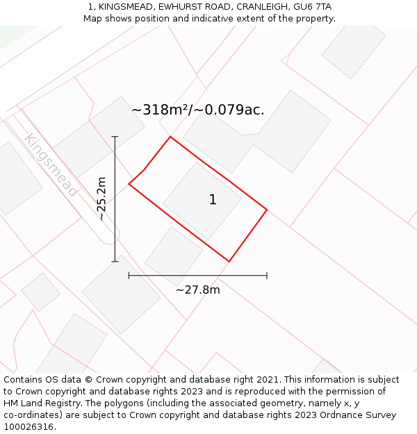 1, KINGSMEAD, EWHURST ROAD, CRANLEIGH, GU6 7TA: Plot and title map