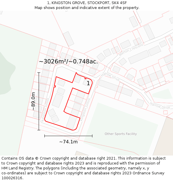 1, KINGSTON GROVE, STOCKPORT, SK4 4SF: Plot and title map