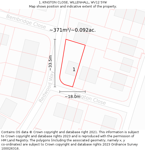 1, KINGTON CLOSE, WILLENHALL, WV12 5YW: Plot and title map