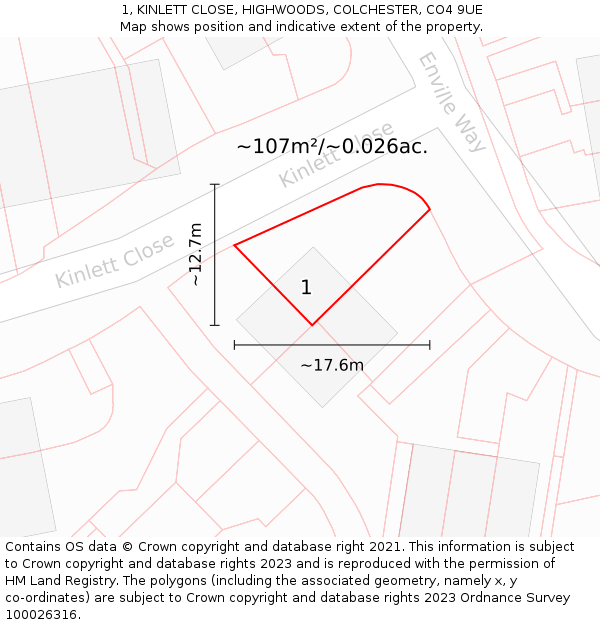 1, KINLETT CLOSE, HIGHWOODS, COLCHESTER, CO4 9UE: Plot and title map