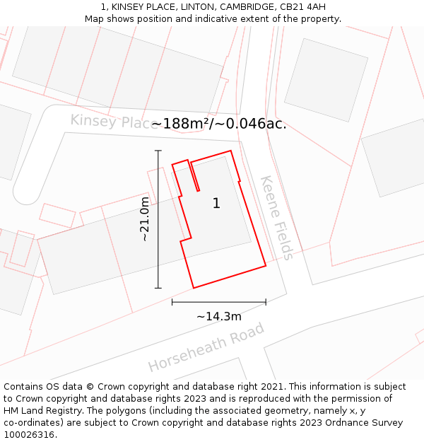 1, KINSEY PLACE, LINTON, CAMBRIDGE, CB21 4AH: Plot and title map