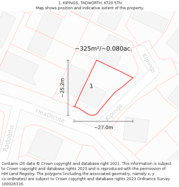 1, KIPINGS, TADWORTH, KT20 5TN: Plot and title map