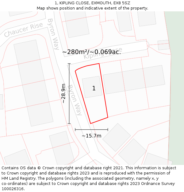 1, KIPLING CLOSE, EXMOUTH, EX8 5SZ: Plot and title map