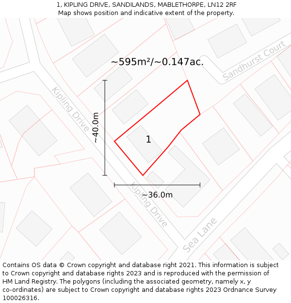 1, KIPLING DRIVE, SANDILANDS, MABLETHORPE, LN12 2RF: Plot and title map