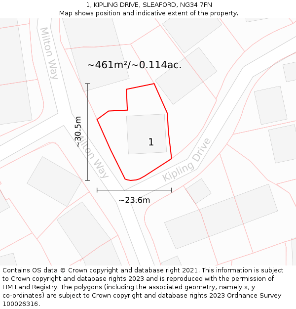 1, KIPLING DRIVE, SLEAFORD, NG34 7FN: Plot and title map
