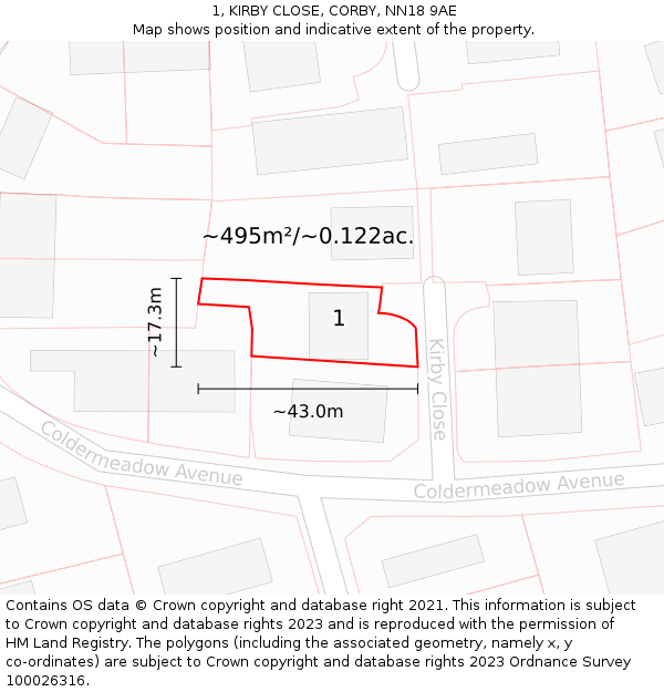 1, KIRBY CLOSE, CORBY, NN18 9AE: Plot and title map