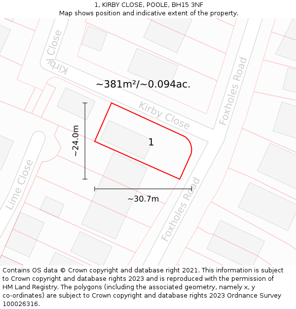 1, KIRBY CLOSE, POOLE, BH15 3NF: Plot and title map