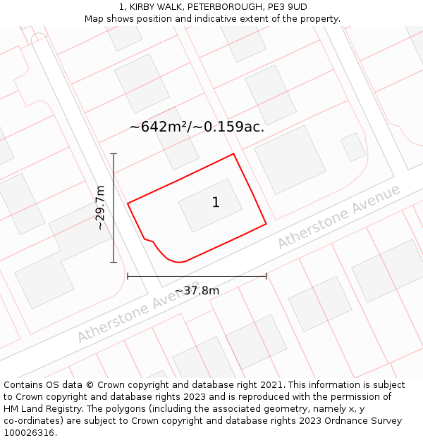 1, KIRBY WALK, PETERBOROUGH, PE3 9UD: Plot and title map