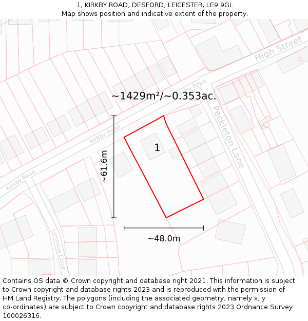 1, KIRKBY ROAD, DESFORD, LEICESTER, LE9 9GL: Plot and title map