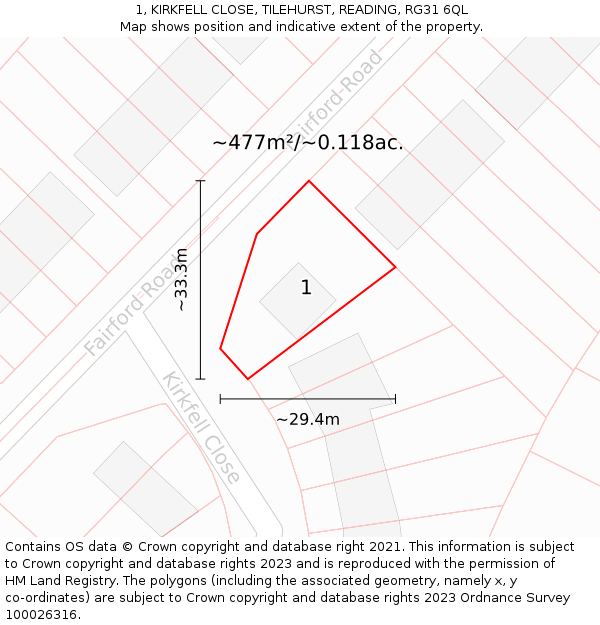 1, KIRKFELL CLOSE, TILEHURST, READING, RG31 6QL: Plot and title map