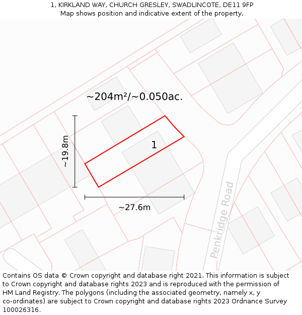 1, KIRKLAND WAY, CHURCH GRESLEY, SWADLINCOTE, DE11 9FP: Plot and title map