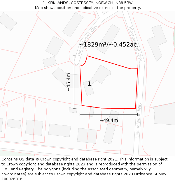 1, KIRKLANDS, COSTESSEY, NORWICH, NR8 5BW: Plot and title map