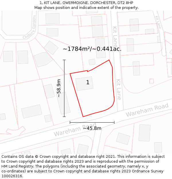 1, KIT LANE, OWERMOIGNE, DORCHESTER, DT2 8HP: Plot and title map