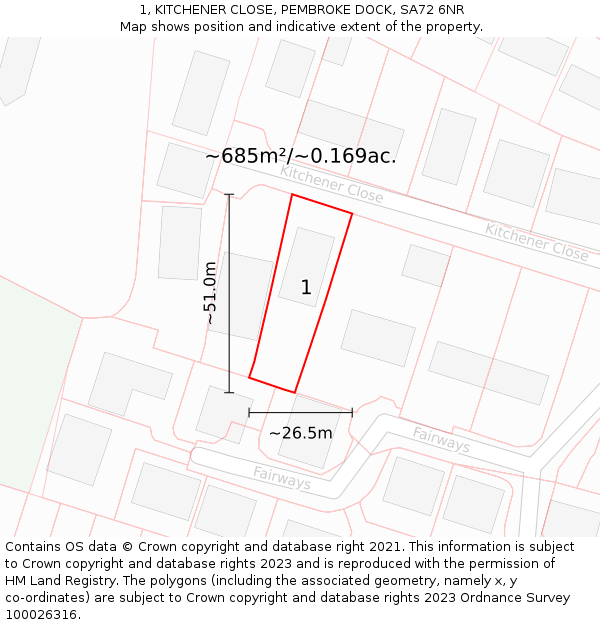1, KITCHENER CLOSE, PEMBROKE DOCK, SA72 6NR: Plot and title map