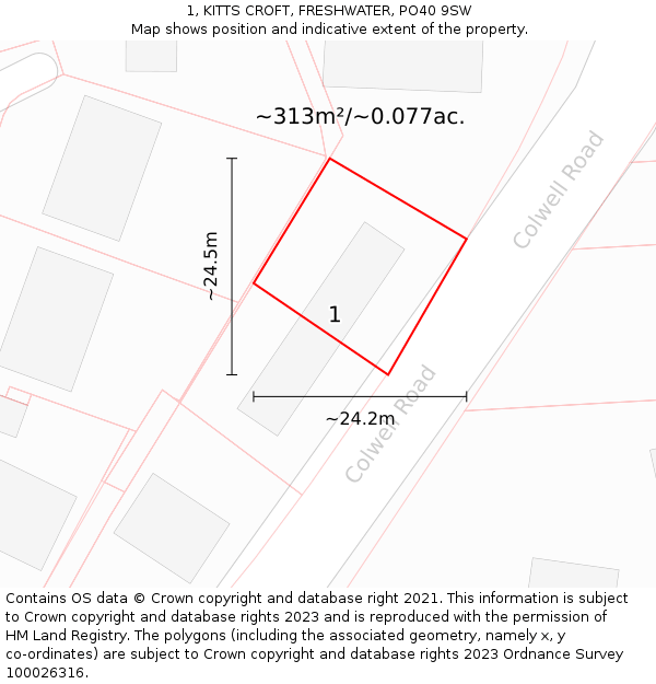 1, KITTS CROFT, FRESHWATER, PO40 9SW: Plot and title map