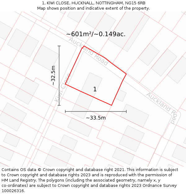 1, KIWI CLOSE, HUCKNALL, NOTTINGHAM, NG15 6RB: Plot and title map