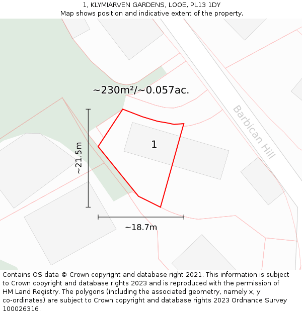 1, KLYMIARVEN GARDENS, LOOE, PL13 1DY: Plot and title map