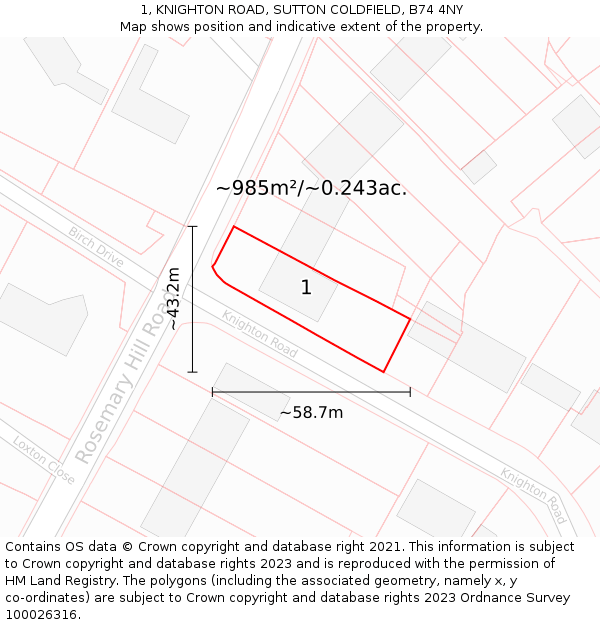 1, KNIGHTON ROAD, SUTTON COLDFIELD, B74 4NY: Plot and title map