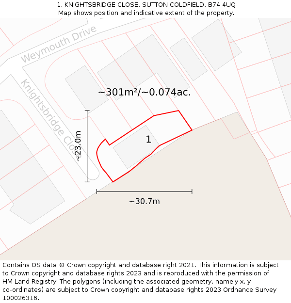 1, KNIGHTSBRIDGE CLOSE, SUTTON COLDFIELD, B74 4UQ: Plot and title map
