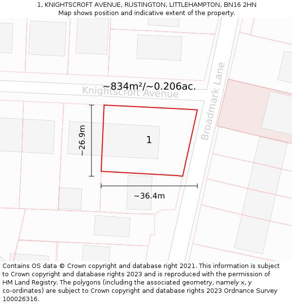 1, KNIGHTSCROFT AVENUE, RUSTINGTON, LITTLEHAMPTON, BN16 2HN: Plot and title map
