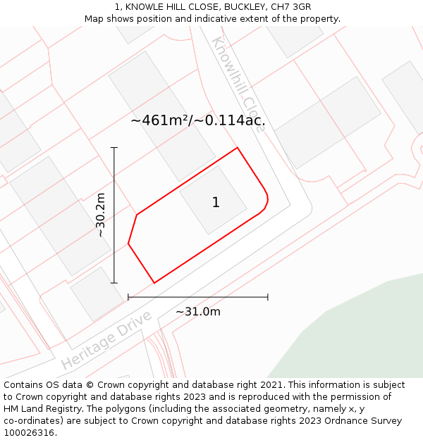 1, KNOWLE HILL CLOSE, BUCKLEY, CH7 3GR: Plot and title map