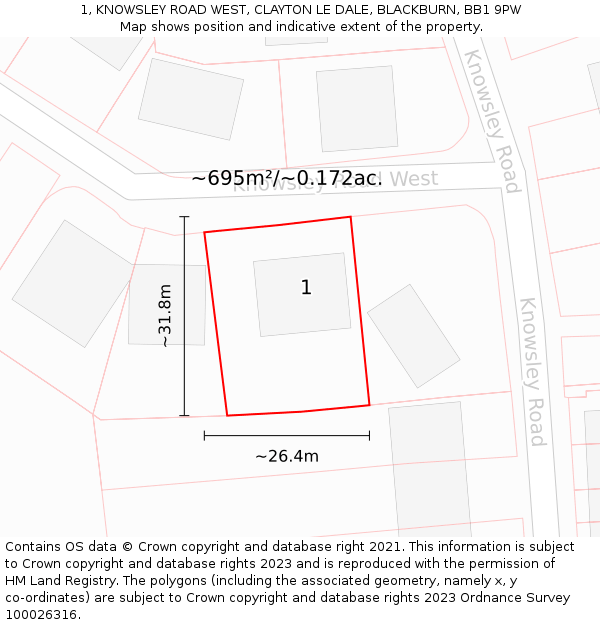1, KNOWSLEY ROAD WEST, CLAYTON LE DALE, BLACKBURN, BB1 9PW: Plot and title map