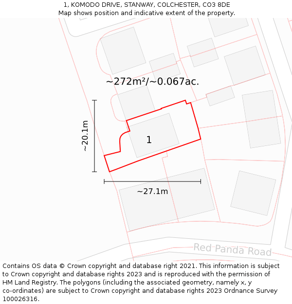 1, KOMODO DRIVE, STANWAY, COLCHESTER, CO3 8DE: Plot and title map