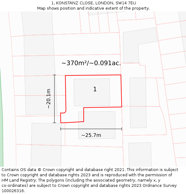 1, KONSTANZ CLOSE, LONDON, SW14 7EU: Plot and title map