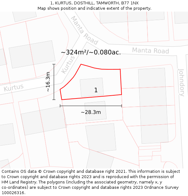1, KURTUS, DOSTHILL, TAMWORTH, B77 1NX: Plot and title map