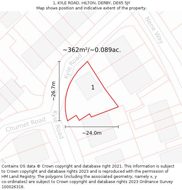 1, KYLE ROAD, HILTON, DERBY, DE65 5JY: Plot and title map