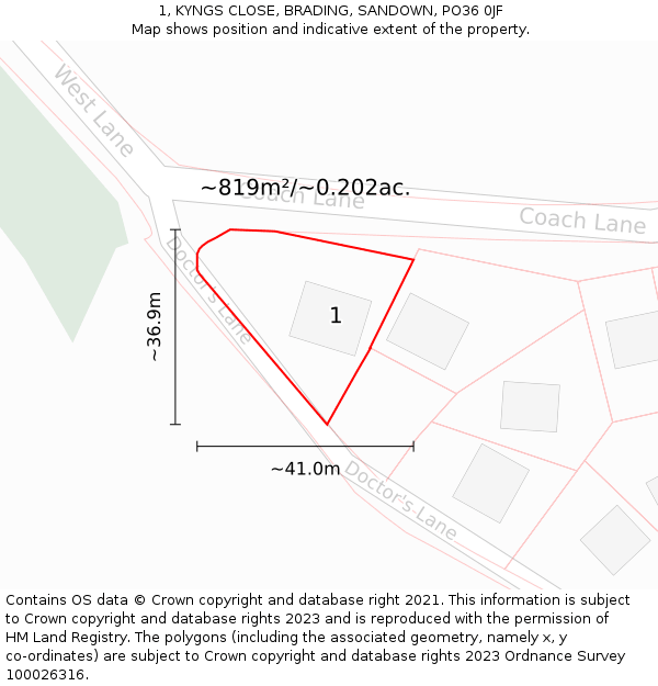 1, KYNGS CLOSE, BRADING, SANDOWN, PO36 0JF: Plot and title map