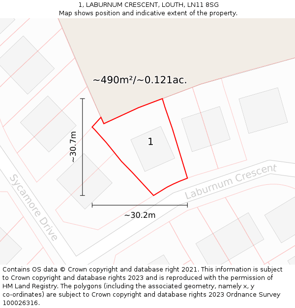 1, LABURNUM CRESCENT, LOUTH, LN11 8SG: Plot and title map