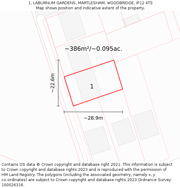 1, LABURNUM GARDENS, MARTLESHAM, WOODBRIDGE, IP12 4TS: Plot and title map