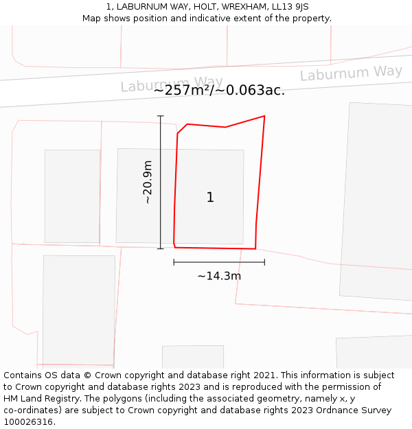 1, LABURNUM WAY, HOLT, WREXHAM, LL13 9JS: Plot and title map
