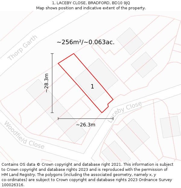 1, LACEBY CLOSE, BRADFORD, BD10 9JQ: Plot and title map
