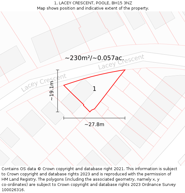 1, LACEY CRESCENT, POOLE, BH15 3NZ: Plot and title map