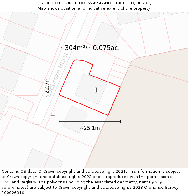 1, LADBROKE HURST, DORMANSLAND, LINGFIELD, RH7 6QB: Plot and title map