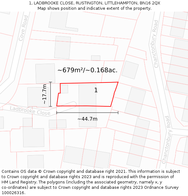 1, LADBROOKE CLOSE, RUSTINGTON, LITTLEHAMPTON, BN16 2QX: Plot and title map