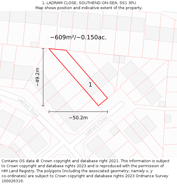 1, LADRAM CLOSE, SOUTHEND-ON-SEA, SS1 3PU: Plot and title map